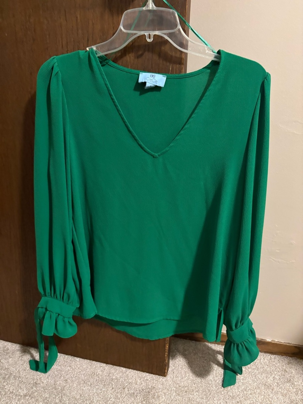 CeCe Emerald V-Neck Long Sleeve Blouse with Tie Cuffs